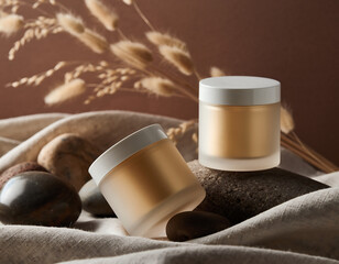 Skincare Mockup. Luxury cosmetic containers arranged on a fabric with natural elements