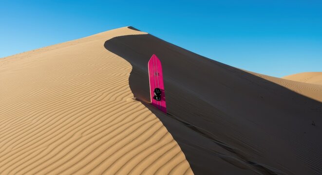 A vibrant sand board sits vertically embedded in the steep slope of a massive, sun-drenched desert dune under a cloudless bright blue sky, texture, sand board, vast