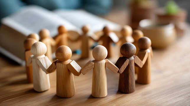 Group of wooden figures holding hands in circle around Bible, unity in faith and prayer visualization, defocused spiritual solidarity, religious togetherness, sacred collective, wi
