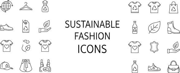 Sustainable Fashion Line Icon Set Featuring Eco Friendly Clothing Recycled Material Symbols Organic Cotton Leaves Global Ecology and Ethical Apparel Manufacturing for Green Branding