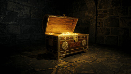 An ancient treasure chest with golden crystals glowing inside, surrounded by dark smoke, creating an air of mystery