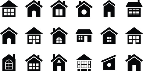 Black house icons, residential architecture symbols, urban planning elements, stylized homes, vector design, real estate graphics, modern housing illustrations, minimal silhouettes