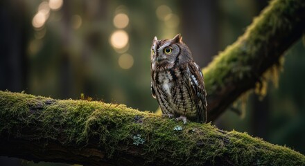 Obraz premium Owl perched on mossy branch in forest (1)