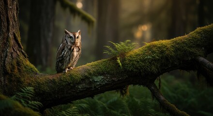Obraz premium Owl perched on mossy branch in sunlit forest