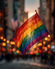 Close up of a rainbow LGBTQ pride flag waving at sunset with beautiful backlighting and wrinkled fabric texture, city skyline blurred background with warm golden bokeh