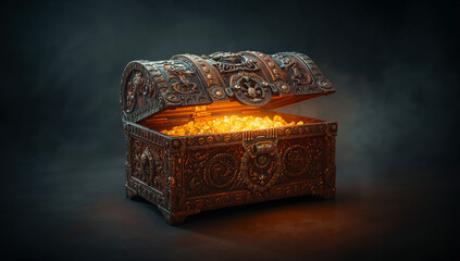 An intricately designed treasure chest glowing with golden crystals, symbolizing wealth and mystery