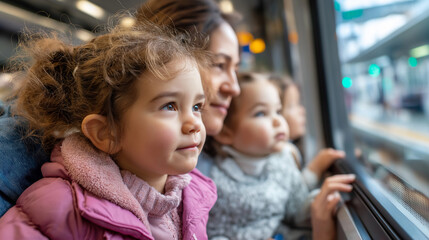 Faceless parents and kids gazing out of train window during travel, defocused family journey, household transportation, domestic mobility, generational trip moment, with copy space