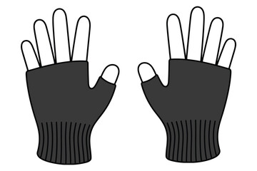 Pair of Black Fingerless Gloves with Ribbed Cuffs on White Background Keywords: gloves, fingerless, black, pair, handwear