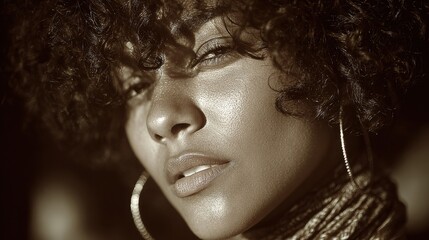 Close up portrait of a beautiful African American woman with curly hair and glowing skin, soulful gaze in warm cinematic lighting, beauty and self-love concept in sepia tones