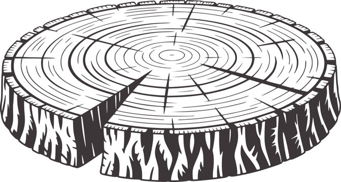 Cross section of a tree trunk showing growth rings in black and white line