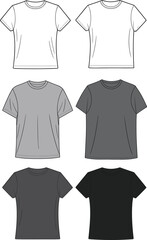 Six plain t-shirts in black grey and white front and back views apparel clothing