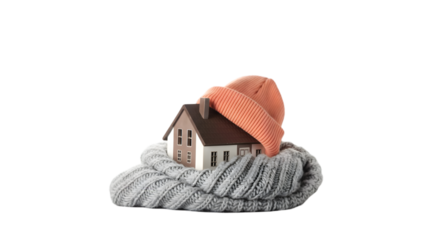 A small house wearing a hat on a scarf isolated on transparent background for real estate or insurance concept
