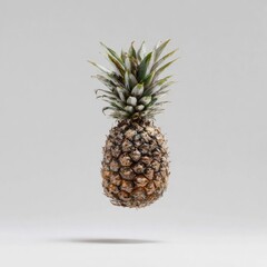 Pineapple, center-framed, floats against a soft gray backdrop, shadow beneath