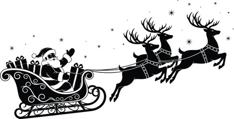 Santa Claus flying sleigh with reindeer silhouette, Christmas night winter holiday illustration festive xmas celebration seasonal greeting card design snowy sky magic tradition vector © Sawda's World