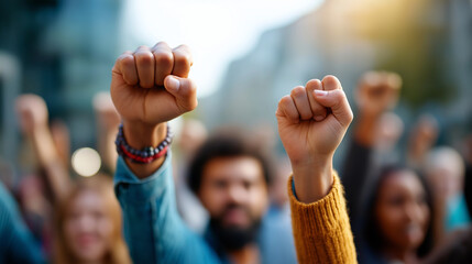 Human rights day protest with faceless raised fists multicultural diversity solidarity unity celebration, defocused activism gesture, equality demonstration, justice mobilization, 