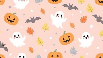 Fototapeta premium Halloween Cartoon Illustration Pumpkins Jack O Lanterns Ghosts Bats Autumn Leaves Stars Pastel Pink Whimsical Design.jpg