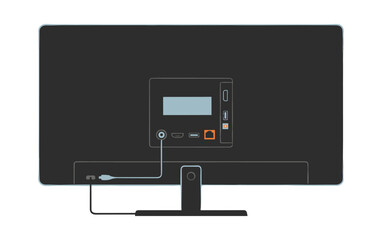 Television back panel with ports and connected cable