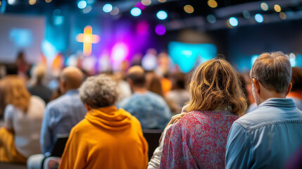 Faceless congregation sitting during church service listening attentively with illuminated cross in background, diverse community gathering for faith and spiritual connection, with
