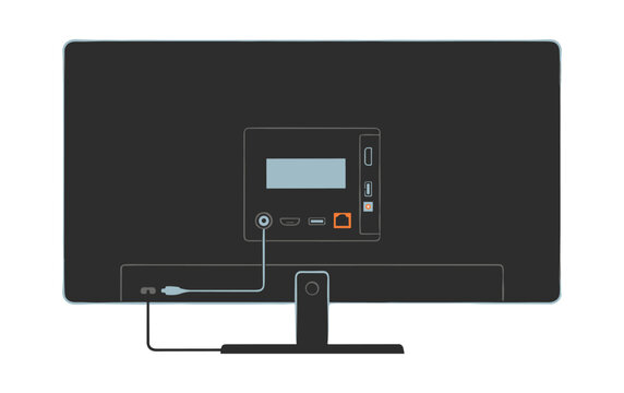 Television back panel with ports and connected cable