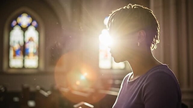 African American woman prays deeply in dimly lit church interior