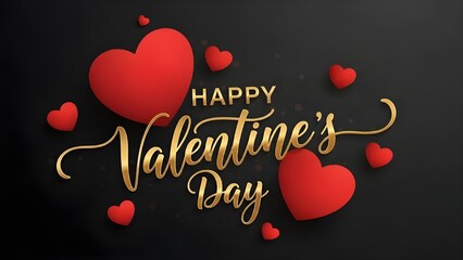 Happy Valentine&rsquo;s Day Luxury Greeting with Golden Typography and Red Hearts on Black Background