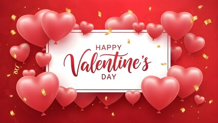 Happy Valentine&rsquo;s Day Banner with 3D Heart Balloons and Confetti