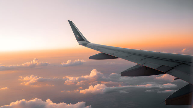 Window Seat View of Airplane Wing Against Golden Sunset Sky Travel Lifestyle Concept - Powered by Adobe