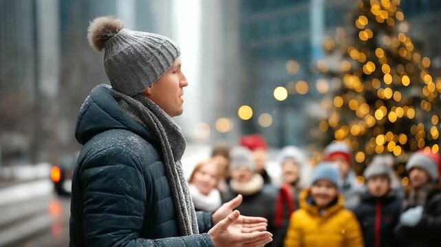 Faceless male conductor leading children's choir outdoors in winter, Christmas carol performance in snowy city street scene, holiday tradition, defocused urban background, with cop