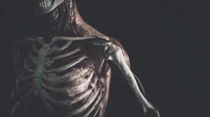 Cinematic Human Skeleton Model with Intricate Muscle Fibers and Realistic Bone Texture on Dark Background for Medical Education Forensic Science Horror Concept and Creative Design