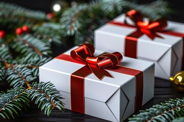 White Christmas gifts with red ribbons and pine branches