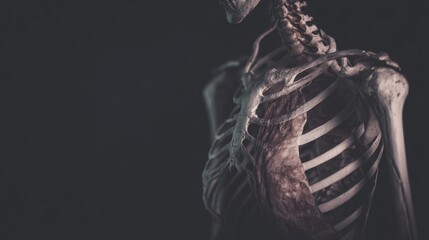 Dramatic Close-up of Human Skeleton with Intricate Muscle Fibers and Rib Cage on Dark Background for Medical Education Forensic Science Horror Aesthetic and Conceptual Art