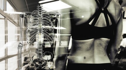 Double Exposure of Female Fitness Athlete in Gym and Human Skeleton Silhouette for Sports Medicine Biomechanics Physical Therapy and Professional Bodybuilding Anatomy Concept
