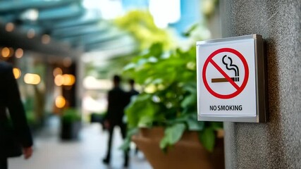 No smoking sign prohibiting tobacco products and electronic cigarettes mounted on concrete surface in public area with foreign language text, health regulation display, with copy s