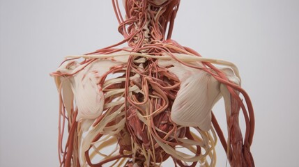 Title: Detailed Human Anatomy Model Showing Muscles Tendons and Ligaments of Shoulder and Back, 3D Rendered Physiological Structure for Sports Medicine, Physical Therapy and Biology