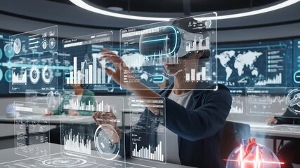 Student uses VR headset for interactive learning in futuristic classroom - Powered by Adobe