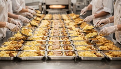 Medium shot of breakfast frozen meal assembly focusing on staff portioning eggs sausages and hash browns into trays emphasizing speed and consistency.