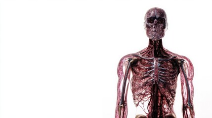 Anatomical Human Body Model of Muscular and Circulatory System on White Background, 3D Rendering of Muscles and Veins for Medical Science, Education and Fitness Branding