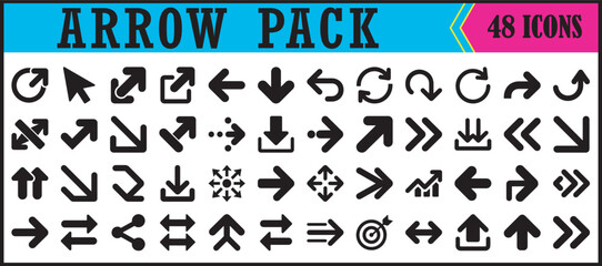 Bold arrow icon pack for navigation, Collection of bold arrow icons in multiple styles and directions, ideal for navigation, controls, and interface elements in digital design.

