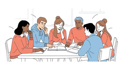 Diverse group of young adults engaging in a collaborative study session around a table in a modern
