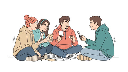 group of young friends sitting on the floor engaged in conversation and using smartphones together