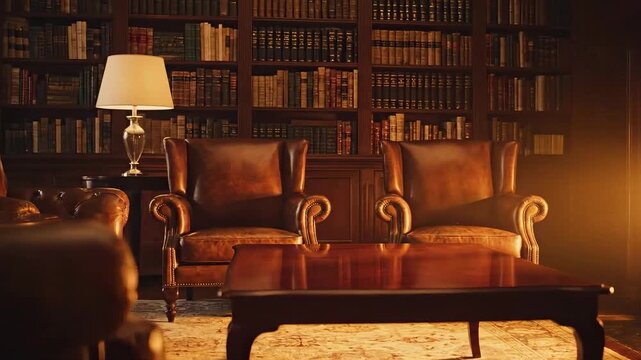 A slow pan of a classic luxury library with leather armchairs and a bookcase. Elegant and traditional interior of a vintage study. Concept of wealth and knowledge