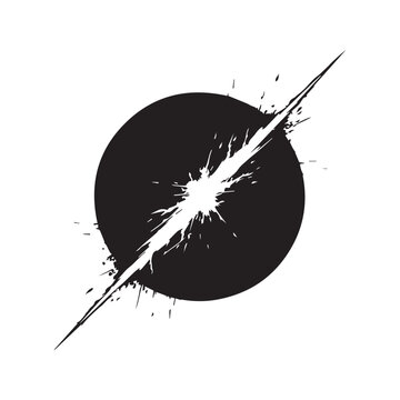 Abstract black grunge circle with diagonal ink brush stroke slash and splatter texture vector illustration.
