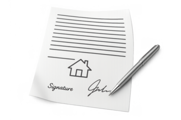 Real estate contract signing showing house agreement with signature and pen on transparent background