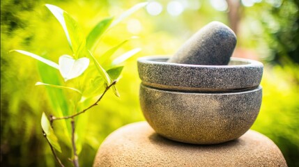 Traditional Stone Mortar and Pestle for Herbal Medicine and Spa Wellness Concept, Organic Natural Ingredients with Green Leaves in Sunlit Garden Background for Holistic Therapy