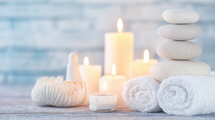 Zen Spa Still Life with Balanced Pebble Stack, White Rolled Towels and Burning Candles on Wooden Table, Relaxing Wellness Concept with Soft Bokeh Background and Warm Light