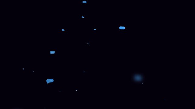 Animated blue chat bubbles with text on dark background
