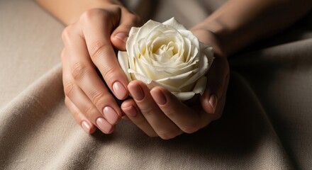 Woman's hands holding a white rose