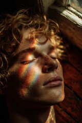 Close Up Portrait of Young Man with Freckles and Curly Hair Lying on Wooden Floor with Rainbow Prism Light Reflection on Face, Concept of Dreaming Mindfulness and Inner Peace