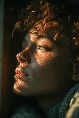 Extreme Close Up Portrait of Young Person with Freckles and Green Eyes Looking Up, Dramatic Sunlight and Shadow Pattern on Face with Curly Hair and Natural Skin Texture Aesthetic