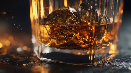 A close-up of a glass filled with amber whiskey and ice, showcasing rich golden hues and glistening reflections.